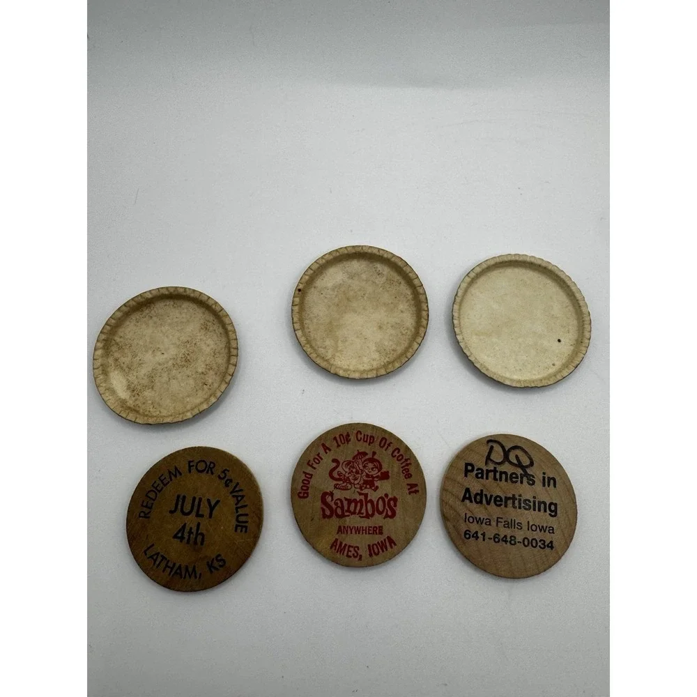 Vintage Advertising Lot Roberts Milk Caps Sambos Coffee Token Wooden Nickels 6pc